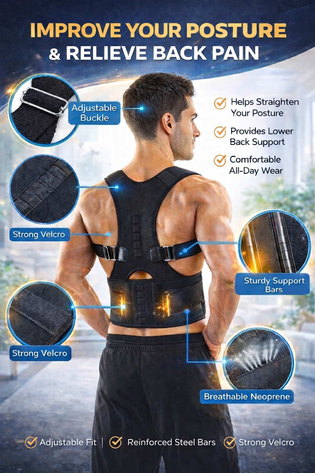 ADJUSTABLE POSTURE CORRECTOR BELT FOR BACK SUPPORT & PAIN RELIEF
